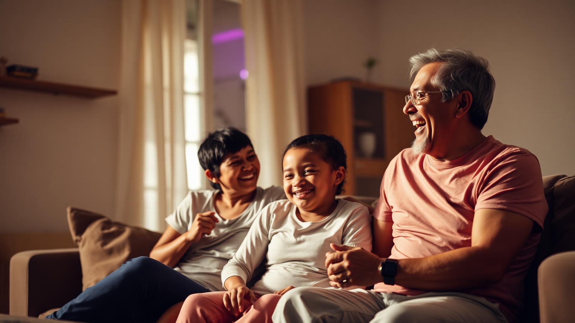 Família reunida com calor humano