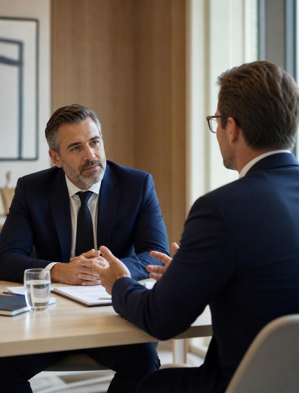 Executivos em conversa estratégica em ambiente corporativo
